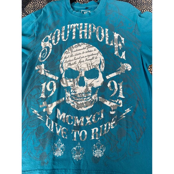 Vintage Y2K Southpole blue and white skull tee XL Live to Ride - Picture 2 of 7